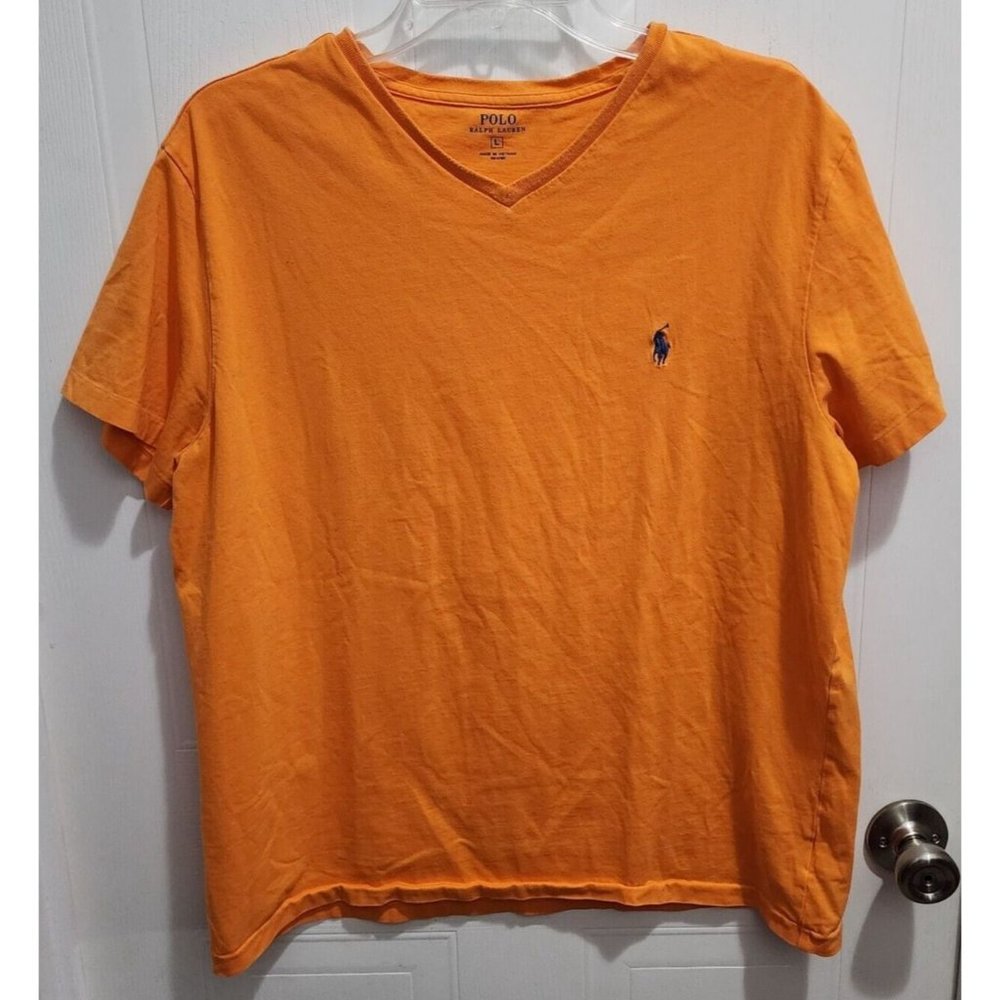 Polo Ralph Lauren Orange V‎ Neck Short Sleeve T Shirt Size Large Blue Pony